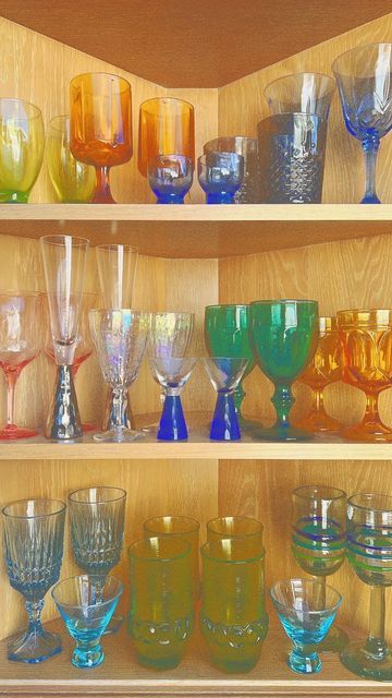 Wine Glass Collection, Thrifted Drinking Glasses, Funky Glass Cups, Funky Cocktail Glasses, Thrifted Dishware, Funky Dishware, Thrifted Cups, Funky Glassware, Funky Dishes