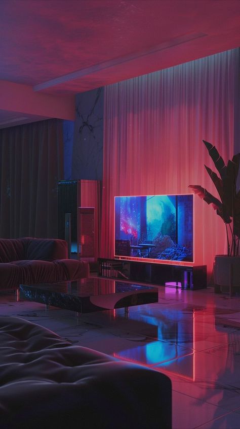 Modern living room with neon lights, black sofa, minimalist decor, and lush plants creating a chic and comfortable atmosphere. Modern Cinema Room, Room With Neon Lights, Sofa Room, Lush Plants, Home Cinema Room, Cinema Room, Black Sofa, Home Cinemas, Neon Lights