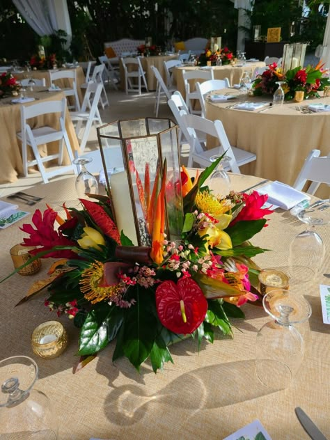 Simple Tropical Centerpieces Party, Tropical Wedding Flowers Centerpieces Table Arrangements, Tropical Island Party Decorations, Tropical Flower Table Arrangements, Elegant Tropical Centerpieces, Hawaii Theme Centerpieces, Island Theme Wedding Decor, Tropical Theme Quinceanera, Hibiscus Flower Centerpieces