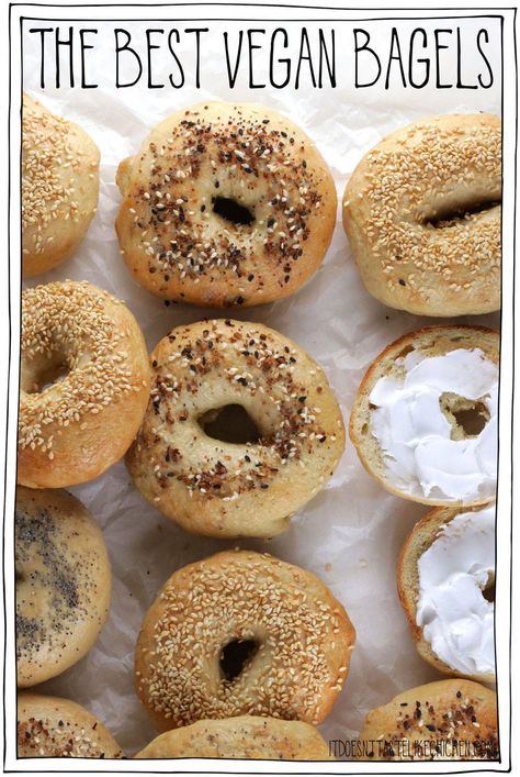 The Best Vegan Bagels are fluffy and chewy, sweet and salty, and super fun to make! Just 6 simple ingredients that you likely already have in your pantry. Making homemade bagels takes a few steps, but every step is simple and the results are so worth it! This is the perfect weekend project, and the bagels freeze wonderfully so you can enjoy them all week long. #itdoesnttastelikechicken #veganbaking #veganrecipe Vegan Everything Bagel, Vegan Bagels Recipe, Vegan Bagel Recipe, Easy Bagels, Vegan Bagels, Bread Types, Sesame Seeds Recipes, Vegan Bagel, Vegan Breads