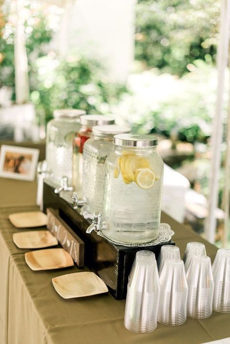 Backyard Engagement Party Ideas Decorations Drink Stations, Drink Table For Wedding, Drink Table At Party, Drink Table At Wedding, Drink Tables Party, Drink Reception Ideas, Drink Wedding Station, Self Serve Drinks Wedding, Drinks Wedding Station