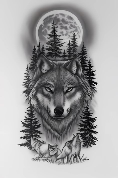 wolf tattoo Animals Of Strength Tattoo, Wolf Tattoo Design Men Thigh, Nature Tattoos Animals, Wolf And Skull Tattoo Design, Wolf Drawing Tattoo Ideas, Wolf Tattoo Stencil Design, Wolf Moon Tattoo Design, Tattoo Designs Nature, Wolf Tattoo Design Men Arm