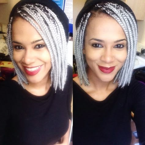 Grey/ Silver Bob Box Braids Pencil Braids, Banana Braids, Short Box Braids Bob, Silver Braids, Box Braids Short, Silver Bob, Grey Hair Braids, Bob Box Braids, Cornrow Hairstyle