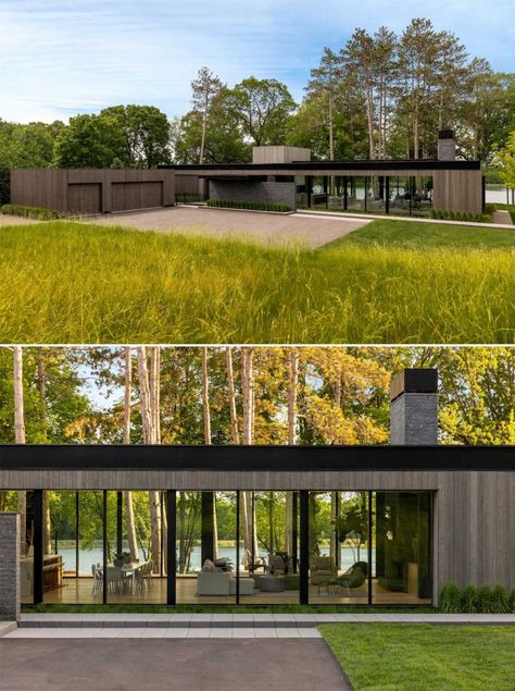 A Deep Overhanging Roof Covers The Glass Walls Of This Lake House Rural Architecture Design, Glass House Plans, Glass House Architecture, Farm House Plans, House Plans Luxury, Modern Ranch Style Homes, Modern Wood House, Vertical Wood Siding, Mid Century Modern House Exterior