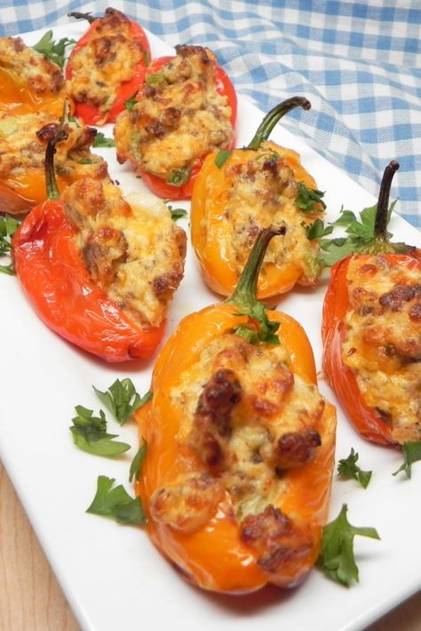 Air Fryer Mini Peppers Stuffed with Cheese and Sausage | "Whether it's a formal party at your home or a casual get-together with friends, these air-fried mini peppers stuffed with cheese and sausage are a great appetizer to offer." #airfryer #airfryerrecipes #howtouseanairfryer #dinnerideas Chorizo Stuffed Peppers, Mini Peppers Stuffed, Keto Chorizo, Mini Peppers, Mini Sweet Peppers, Sweet Bell Peppers, Stuffed Mini Peppers, Chorizo Sausage, Recipe Cover