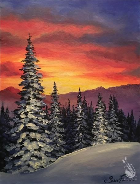 Painting With A Twist, Christmas Landscape, Painting Party, Winter Sunset, Landscape Art Painting, Winter Painting, Winter Scenery, Nature Art Painting, Sunset Painting