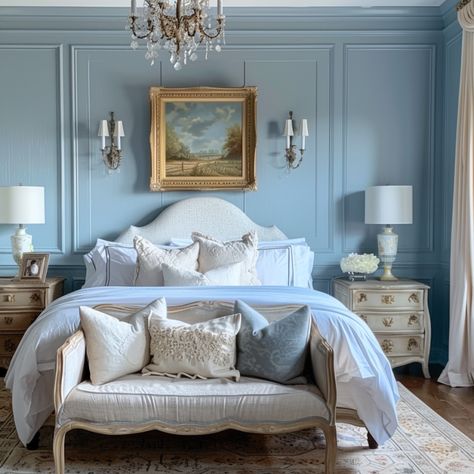 soft blue french country bedroom Light Blue French Bedroom, Blue English Bedroom, French Bedroom Blue, French Toile Bedroom, Light Blue Cottage Bedroom, Parisian Blue Bedroom, French Blue Room, French Blue Bedroom Ideas, French Blue Decor