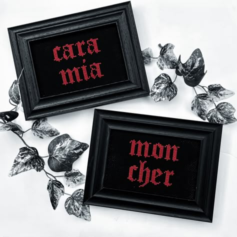 STITCH cara Mia Mon Cher Set of 2 Wooden Framed Cross - Etsy Emo Cross Stitch, Oddity Crafts, Goth Cross Stitch Pattern, Embroidery Goth, Grunge Romance, Grunge Embroidery, Goth Cross Stitch, Emo Witch, Goth Cross