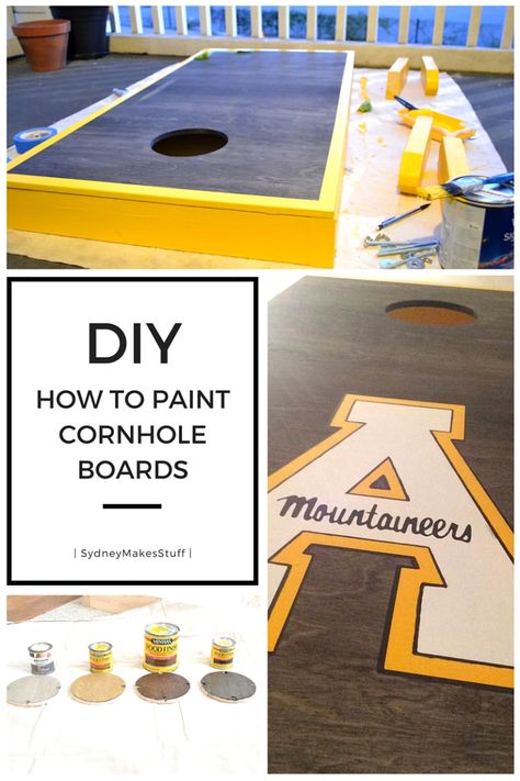 DIY_How to paint cornhole boards How To Redo Cornhole Boards, How To Paint Corn Hole Boards, Quilt Ladder Diy, Paint Cornhole Boards, Football Cornhole Boards, Painted Corn Hole Boards, Stained Cornhole Boards, Make Cornhole Boards, Diy Cornhole