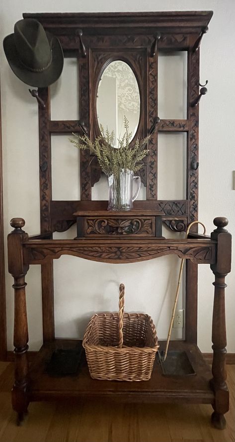 Hall-tree, circa 1890’s Victorian Hall Tree With Mirror, Boho Hall Tree, Vintage Hat Rack, Vintage Hall Tree, Antique Hall Tree Entryway, Hall Tree Decorating Ideas, Entry Way Hall Tree, Victorian Entryway, Hall Tree With Mirror