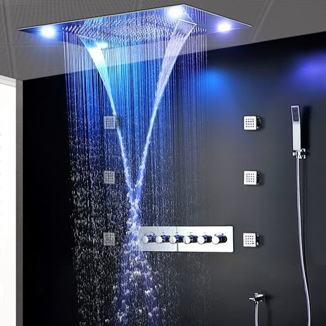 Cheap Shower Heads, Buy Quality Home Improvement Directly from China Suppliers:2020 Luxury Modern Ceiling Electric LED Shower Head Set Rainfall Waterfall Shower Kit Faucets with 6 pcs Massage Body Spray Enjoy ✓Free Shipping Worldwide! ✓Limited Time Sale ✓Easy Return. Toilet Seat Design, Rain Shower Bathroom, Shower Remodel Diy, Small Shower Remodel, Led Shower Head, Dream Shower, Bathtub Remodel, Bathroom Shower Design, Waterfall Shower