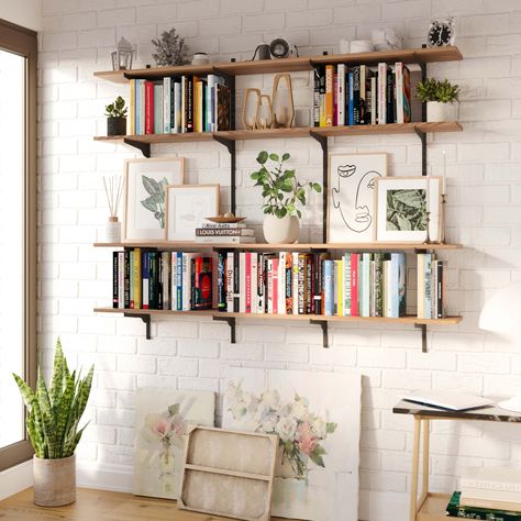 Rustic Book Shelf, Rustic Shelves Kitchen, Long Floating Shelf, Track Shelving, Floating Shelves Books, Adjustable Bookshelf, Wall Bookshelf, Long Floating Shelves, Rustic Bookshelf