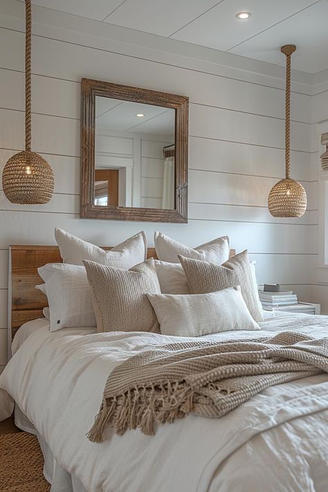 Modern Beach Bedroom Ideas, Bedroom Beach Decor, Modern Beach Bedroom, Driftwood Headboard, Curtains Aesthetic, Coastal Farmhouse Bedroom, Shiplap Bedroom, Blue And White Bedroom, Florida Bedroom