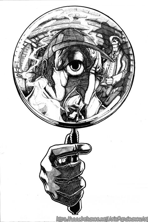 Sherlock Holmes Original Illustrations, Fisheye Tattoo, Sherlock Holmes Illustration, Magnifying Glass Drawing, Sherlock Holmes Tattoo, Fish Eye Drawing, Sketch With Pen, Fisheye Perspective, Green Investment