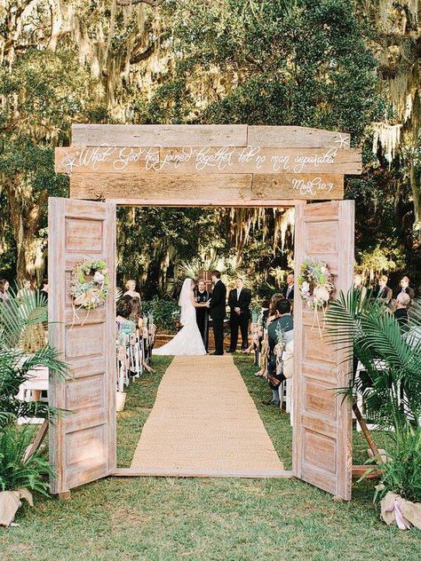 Wedding ceremony Hilton Head Island Wedding, Church Wedding Ceremony, Door Entrance, Farmhouse Front, Entrance Design, Vintage Wedding Decorations, Outdoor Wedding Ceremony, Island Weddings, Ceremony Decorations