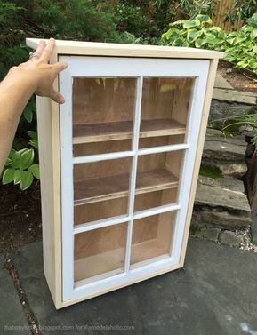 Diy Over Toilet Cabinet, Cabinet Construction, Window Cabinet, Old Window Projects, Bathroom Cabinets Diy, Repurposed Windows, Window Crafts, Wooden Storage Cabinet, Window Projects