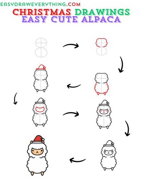 Easy alpaca drawing Christmas Food Drawing, Cute Christmas Drawing Ideas, Drawings Step By Step Easy, Christmas Drawings Easy, Alpaca Drawing, Christmas Alpaca, Christmas Drawing Ideas, Easy Animal Drawings, Minecraft Drawings