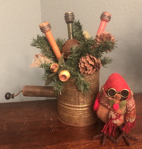 Upcycled flour sifter Flour Sifter Repurposed, Vintage Sifter Decor Ideas, Vintage Flour Sifters Decor, Decorating With Antique Sifters, Vintage Flour Sifter Christmas, Flour Sifter, Flour, Bottles Decoration, Christmas Holidays