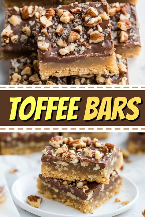 Old-fashioned toffee bars have a buttery shortbread crust and a dreamy chocolate topping. They're an easy and tasty treat for any occasion. Easy Toffee, Easy Dessert Bars, Easy Bar Recipes, Cookie Bars Easy, Simple Family Meals, Toffee Bars, Toffee Cookies, Buttery Shortbread, Sweet Bar