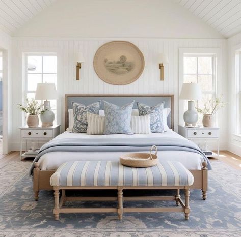 Beach House Main Bedroom, Blue And Wicker Bedroom, Light Blue Navy Bedroom, Coastal Casual Bedroom, Blue Bedding Ideas Master, Light Blue And Tan Bedroom, Serena And Lily Inspired Bedroom, Coastal Traditional Bedroom, Serena And Lily Bedroom Ideas