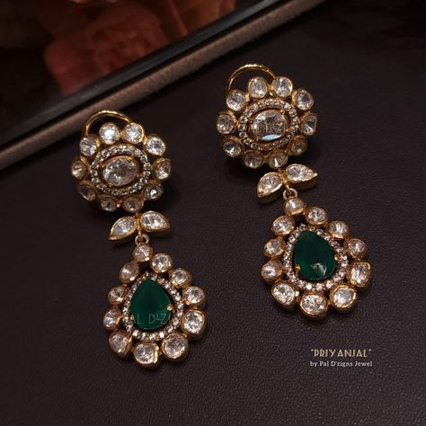 Gorgeous and Royal looking Moissanite Polki Earings for Bridal look Making: Earing is Uniquely handcrafted by our Skilled Master Goldsmith Craftsman with detailed finishing like real jewellery. Stone: It has Excellent Lustre of Moissanite Polkis which are best substitute for Real Polkis. These polkis have Silver Daak at Back side and are set in open setting. Colour stone: Emerald looking Semi precious stones Diamond looking stones: Swarovski. Metal: 92.5 Silver (Hallmarked) Finish: 18k Gol Moissanite Jewelry Indian, Jumki Gold, Gold Earrings Models, Diamond Earrings Design, Polki Earrings, Antique Jewellery Designs, Gold Jewelry Simple Necklace, Jewelry Set Design, Gold Bridal Earrings