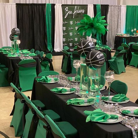 #transformationtuesday We transformed this old space and made it an elegant affair for Ben Adams Basketball Hall A Fame Party! Thank you… | Instagram Hall Party Decorations, Hall Party Ideas, Sneaker Ball Party Ideas Women, Centerpieces For Party For Men, Green And White Party, Basketball Banquet, 50th Birthday Party Themes, Round Dining Table Decor, Houma Louisiana