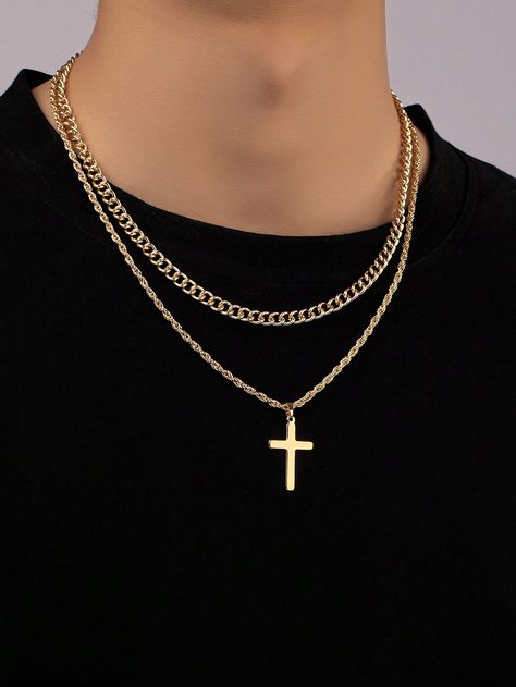 Yellow Gold Punk,Fashionable Collar  Iron Alloy   Embellished   Men Fashion Jewelry Layered Crosses, Men Pendant, Mens Fashion Jewelry, Layered Chain Necklace, Mens Crosses, Gold Cross Necklace, Layered Chains, Estilo Hip Hop, Necklace For Men