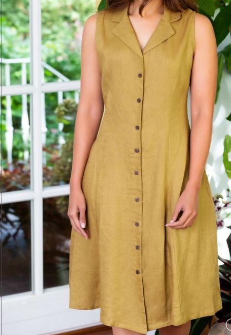 Collared Kurti Designs, Sleeveless Frocks For Women, Collar Kurti Design, Classic Linen Dress, Cotton Dress Pattern, Cotton Frock, Cotton Night Dress, Dress Models, Simple Kurta Designs