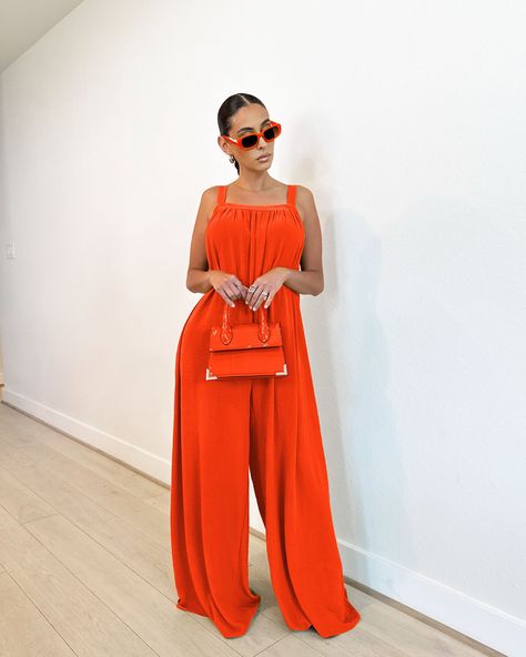 NEW COLOR 🧡  Shop this look at shopkosmios.com   Search | FREE RANGE JUMPSUIT Bright Summer Outfits, Engagement Party Outfit, Red Jumpsuit, Summer Fits, Free Range, Beautiful Clothes, Wide Leg Jumpsuit, Trendy Dresses, Jeans Dress