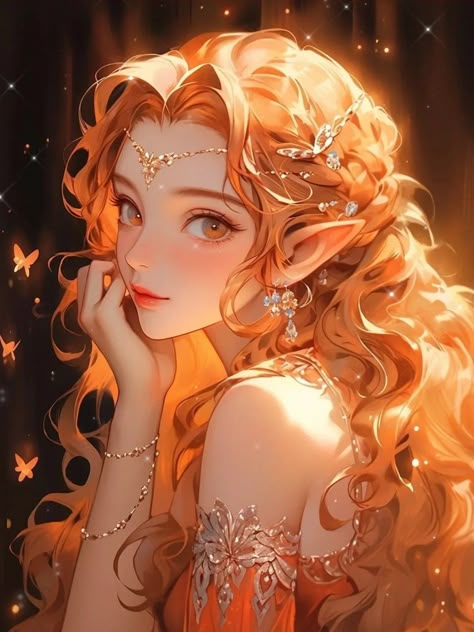 Dnd Summer Eladrin, Summer Eladrin Female, Ginger Character Design, Eladrin Female, Summer Eladrin, Eladrin Elf, Autumn Elf, Blonde Hair Characters, Elven Princess