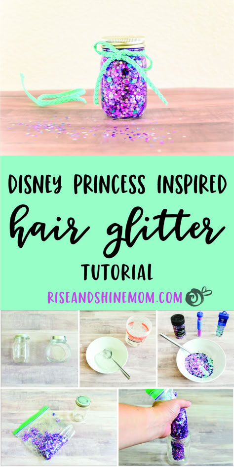 Disney Princess Inspired Hair Glitter Tutorial - Rise and Shine Mom Diy Glitter Hair Spray, Diy Hair Glitter How To Make, Diy Hair And Face Glitter, Softball Glitter Hair Gel Diy, Diy Glitter Gel For Hair, How To Make Hair Glitter Gel, Diy Glitter Hair Gel, Diy Hair Glitter Gel, Hair Glitter Ideas