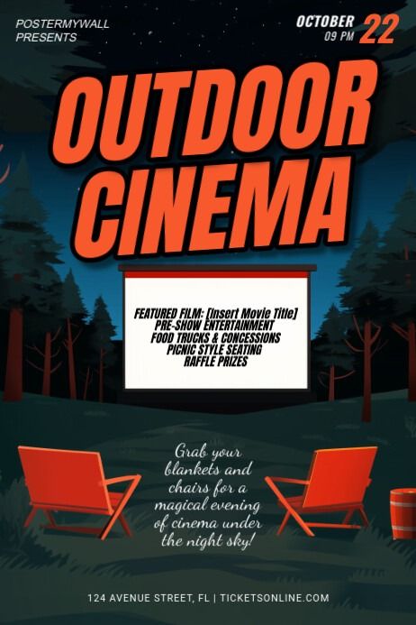 Black Illustrative Outdoor Movie Night Poster | PosterMyWall Movie Event Poster, Night Poster Design, Movie Night Poster, Poster Design Background, Air Movie, Event Poster Template, Outdoor Movie Night, Linkedin Background Image, Outdoor Cinema