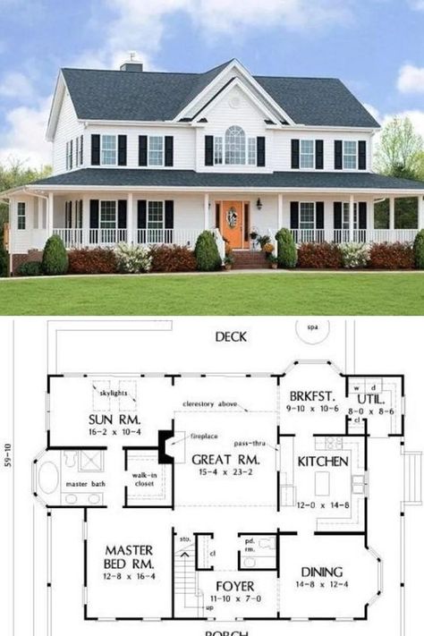 2000sqft House Plans, House Plans 2 Story, Farmhouse Layout, 5 Bedroom House Plans, Unique House Plans, Little House Plans, Farmhouse Floor Plans, Porch House Plans, Two Story House Plans