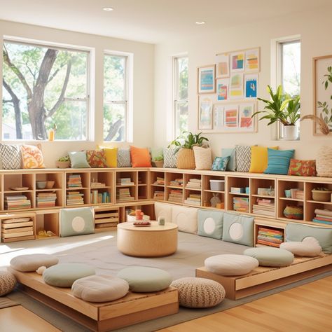 Set up your classroom with natural wood furniture to make a calming environment for children. Rearrange these shelves and panels to fit your space. Calming Daycare Room, Daycare Rooms Setup School Age, Montessori Classroom Set Up, Luxury Classroom, Nursery School Classroom, Preschool Classroom Ideas, Preschool Room Layout, Daycare Rooms Setup, Montessori Preschool Classroom