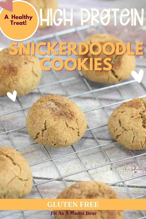 Your favorite buttery cinnamon sugar flavor in high protein form. These Snickerdoodle protein cookies are a soft, chewy dessert. @fitasamamabear Gluten Free Snickerdoodle, Protein Dessert Recipes, Gluten Free Snickerdoodles, Cookies Gluten Free, Plant Based Snacks, Protein Brownies, Cinnamon Cookies, Wheat Free Recipes, Dessert Bar Recipe