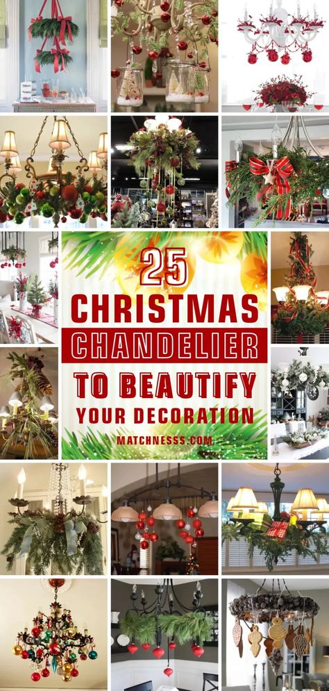 25 Christmas Chandelier to Beautify Your Decoration - Matchness.com Garland On Light Fixture, How To Decorate A Garland For Christmas, Christmas Decor Chandelier, Decorating Chandeliers For Christmas, Decorate Chandelier For Christmas, Christmas Chandelier Decorations, Christmas Chandelier Ideas, Chandelier Christmas Decorations, Christmas Decorated Chandeliers