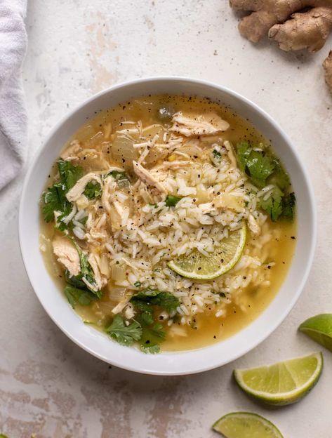 Ginger Lime Chicken Soup with Cilantro Lime Rice Ginger Lime Chicken, Lime Chicken And Rice, Lime Chicken Soup, Chicken Rice Soup, Lime Rice, Ginger Chicken, Soup Season, Chicken And Rice, Lime Chicken