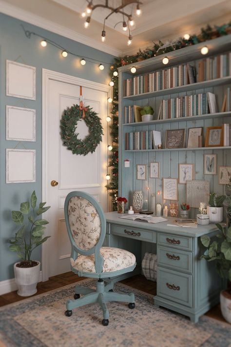 Bring the magic of shabby chic style and cozy holiday warmth into your office! Start with a shabby chic color palette, adding a touch of vintage with feminine desk setup touches. Bring holiday spirit 🎄 with soft, romantic Christmas room decor and pretty twinkle lights ✨. It's the perfect space for a home office that feels both chic & festive. 🌸🖼️ #shabbychicstyle #vintagehomeoffice #shabbychicdecor #homeoffice #feminineofficedecor #christmasdecorinspo #homeofficeaesthetic #holidayofficedecor Magical Office Space, Roll Top Desk Decorating Ideas, Shabby Chic Office Ideas, Chic Office Ideas, Shabby Chic Color Palette, Shabby Chic Office Decor, French Country Office, Holiday Office Decor, Shanty Chic