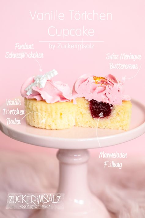 Vanille, Törtchen, Cupcakes, Swiss Meringue Buttercreme, Fondant, Schneeflocke, Eiskristall, Marmelade, gefüllt Baking Tutorial, Swiss Meringue, Fondant Cupcakes, Cake Baking, Cupcake Muffins, Cup Cakes, Cake Pops, No Bake Cake, Vanilla Cake