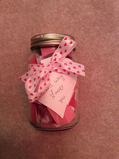 "All the reasons why I love you."  I made this jar for my boyfriend of 2 years for Valentine's Day. All you need is construction paper, ribbon, tape, and a glass jar with a lid. Love Jar For Girlfriend, Jar Of Notes For Girlfriend, Jar Of Reasons Why I Love You, Reasons Why I Love You Boyfriend Jar Diy, 50 Things I Love About You Jar, Why I Love You Jar, Things I Love About You Jar, 25 Reasons Why I Love U Ideas, Reasons I Love You Jar