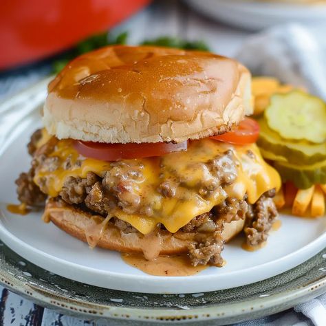 Crockpot Cheeseburgers Crockpot Cheeseburger Sandwiches, Slow Cooker Burgers, Slow Cooker Burger Recipes Ground Beef, Crock Pot Burgers, Burgers In Crockpot, Crockpot Sliders Recipes, Crockpot Burger Recipes, Hamburger Crock Pot Recipes, Crockpot Burgers