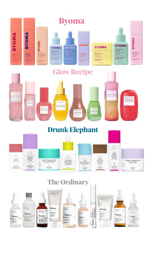 Byoma ; Glow Recipe ; Drunk Elephant ; The Ordinary Sephora Drunk Elephant, Drunk Elephant Skincare, Sephora Skin Care, Glow Recipe, Glowing Skincare, Drunk Elephant, Makeup Eyeliner, Makeup Routine, Skincare Routine