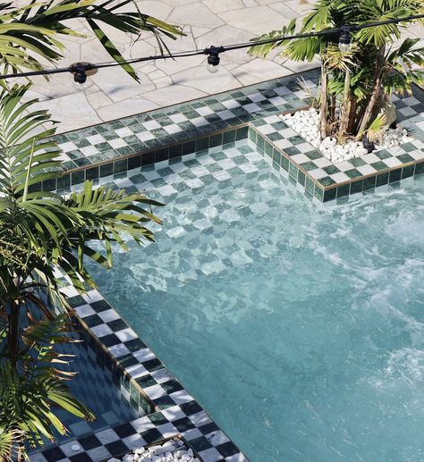 Red Tile Pool, Striped Pool Tile, Black And White Tile Pool, Mexican Pool Design, Checkered Pool Deck, Checkered Pool Tile, Moroccan Pool Tile, Spanish Tile Pool, Spanish Style Pool