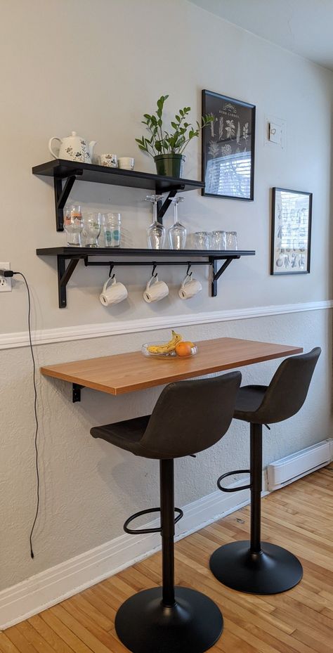 Small Counter Height Table Tiny Kitchens, Tiny Space Dining Area, Small Apartment No Dining Area, Kitchen Bedroom Studio Small Apartments, Bar Under Tv Ideas, Kitchen Table In Small Space, Dining Room Bar Table, Countertop Bar Ideas Small Spaces, Rug In Front Of Fridge