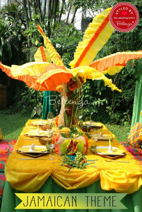 Jamaican-inspired tablescape with Caribbean touches. #jamaicanpartytheme #jamaicanpartydecorations #rastapartytheme #jamaicanengagementparty #50thbirthday #50th #birthday #dinner Caribbean Party Decorations, Rasta Wedding, Caribbean Theme Party, Themed Engagement Party, Rasta Party, Jamaican Party, Engagement Party Ideas, Engagement Party Themes, Caribbean Party