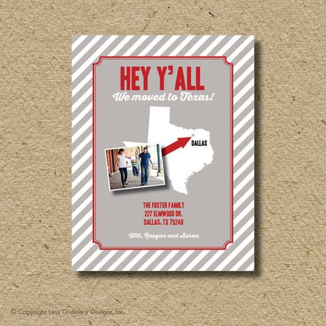 Texas moving announcement photo card by saralukecreative on Etsy, $16.00 We're Moving Announcement, Moving Announcement Photo, Moving House Card, Moving Card, Open House Invitation, Texas Living, Moving To Texas, House Warming Invitations, Moving Cards