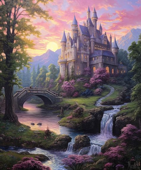 Dreamy Castle Aesthetic, Fae Castle Aesthetic, Castle Garden Fantasy Art, Forest Castle Aesthetic, Fairy World Aesthetic, Fairytale Castle Aesthetic, Princess Landscape, Fairytale Scenery, Fairy Palace