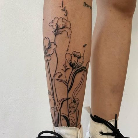 Flower Tattoo On Lower Leg, Vines On Leg Tattoo, Flower Leg Tattoos, Sock Tattoo, Husband Tattoo, Getting A Divorce, Lower Leg Tattoos, Shin Tattoo, Tulip Tattoo