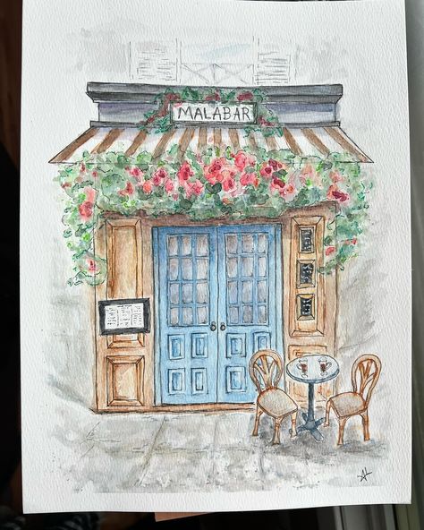 Line and wash watercolour of a little cafe store front #ilikeiwantilove #watercolor #lineandwashwatercolor #watercolorillustration Line And Wash, Cafe Store, Street Painting, Store Front, Pastel Aesthetic, Watercolor Illustration, Painting & Drawing, Art Inspo, Pastel