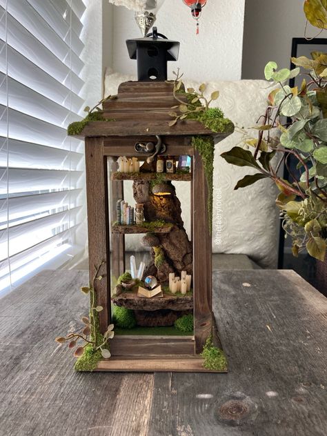 Lantern Terrarium Ideas, Lantern Terrarium Diy, Fairy Diorama Ideas, Lantern Fairy House, Fairy Garden In Lantern, Lantern Fairy Garden, Fairy Terrarium Ideas, Fairy House Lantern, Lantern Diorama